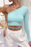 Crop top de un solo hombro y cruce en abdomen color azul para mujer - Flashy