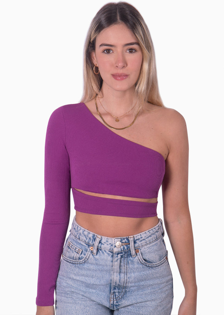 Crop top de un solo hombro y cruce en abdomen color morado para mujer - Flashy