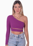 Crop top de un solo hombro y cruce en abdomen color morado para mujer - Flashy