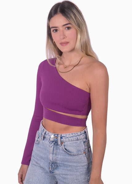 Crop top de un solo hombro y cruce en abdomen color morado para mujer - Flashy