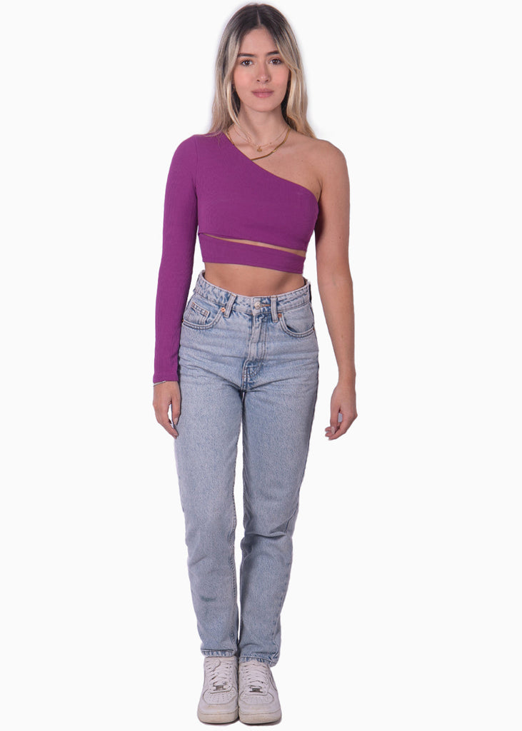 Crop top de un solo hombro y cruce en abdomen color morado para mujer - Flashy