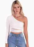 Crop top de un solo hombro y cruce en abdomen color blanco para mujer - Flashy