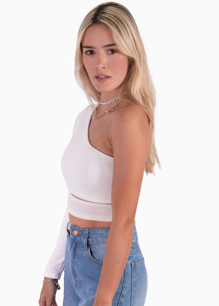 Crop top de un solo hombro y cruce en abdomen color blanco para mujer - Flashy