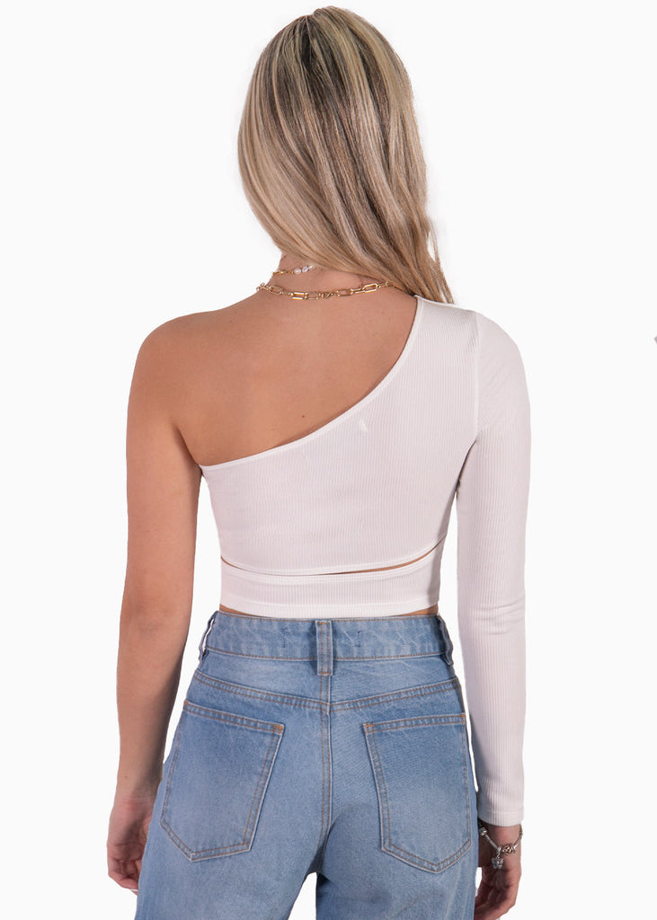 Crop top de un solo hombro y cruce en abdomen color blanco para mujer - Flashy