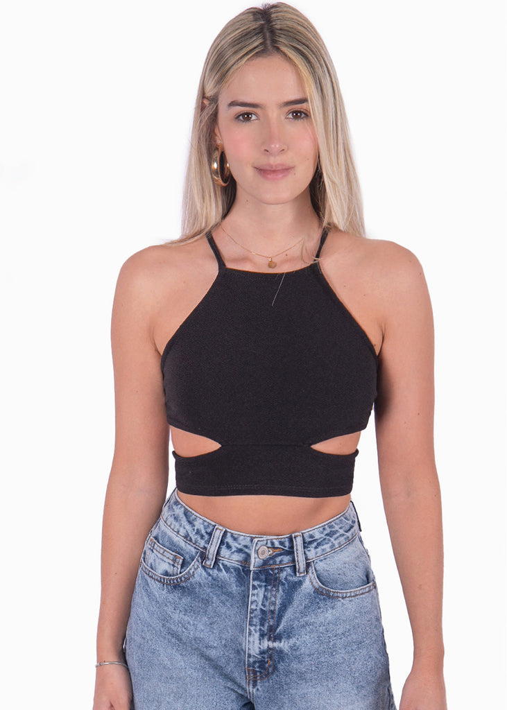 Crop top halter de tiras con aberturas en costados color negro para mujer - Flashy