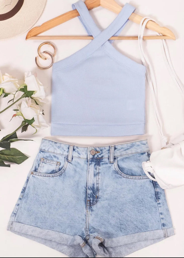 Crop top halter de tiras color azul para mujer - Flashy