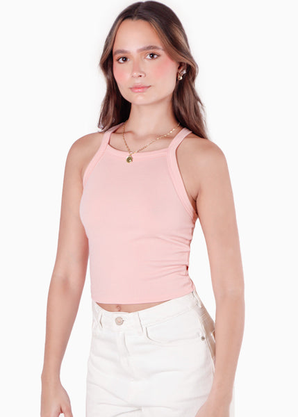 Crop top halter sin mangas y con cruce en espalda color rosado color rosado para mujer - Flashy