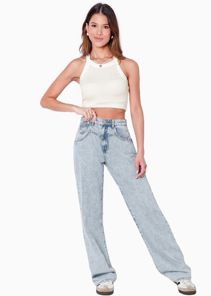 Crop top halter sin mangas y con cruce en espalda color blanco, marfil para mujer - Flashy