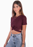 Crop top manga corta con anudados en costados color vino para mujer - Flashy