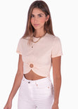Camiseta crop manga corta con aro color rosado para mujer - Flashy