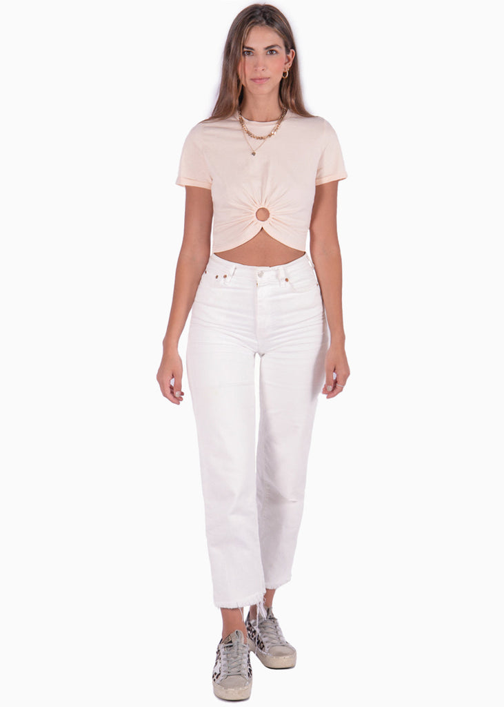 Camiseta crop manga corta con aro color rosado para mujer - Flashy