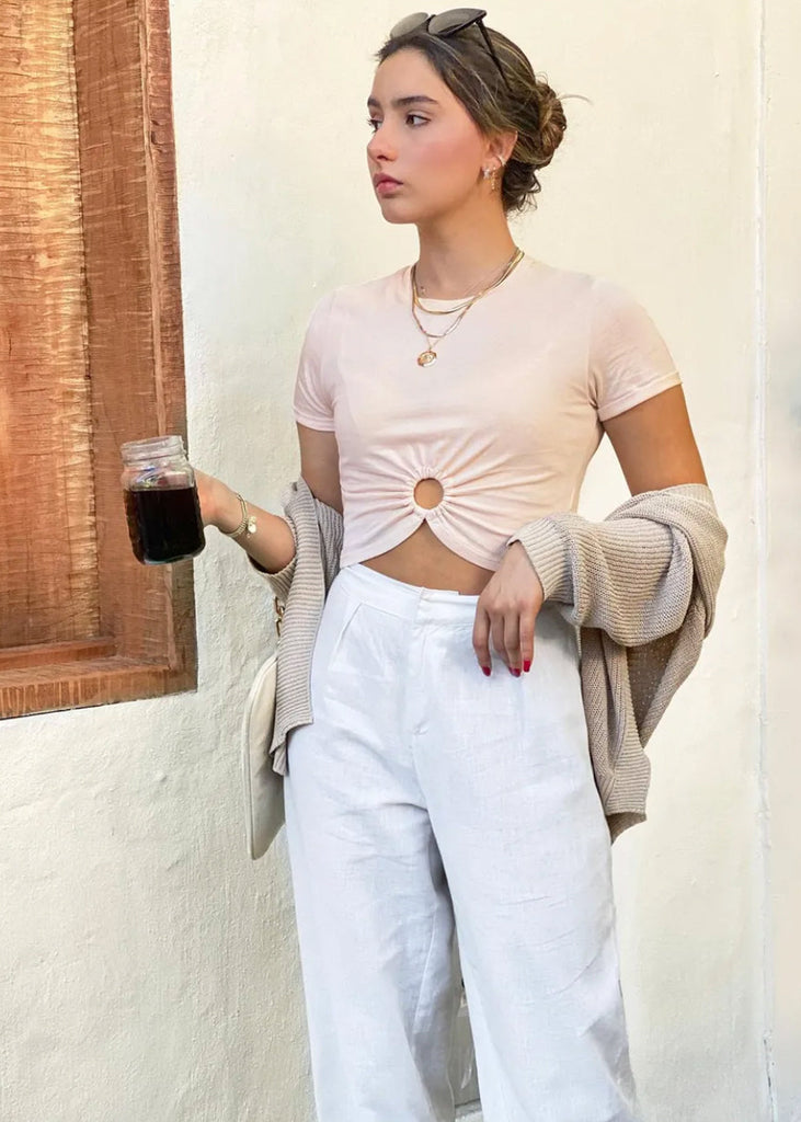 Camiseta crop manga corta con aro color rosado para mujer - Flashy