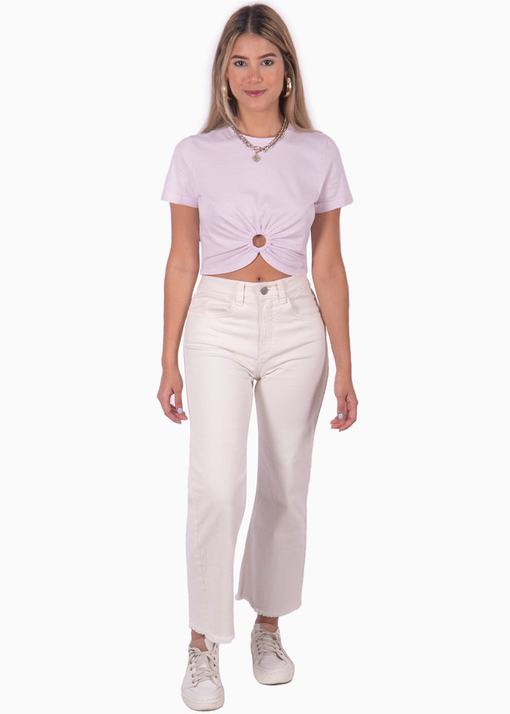 Camiseta crop manga corta con aro color lila, morado para mujer - Flashy