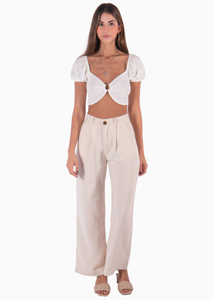 Crop top manga corta con aro en el escote color blanco, marfil para mujer - Flashy