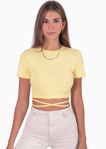 Crop top manga corta con cuello redondo y anudados color amarillo para mujer - Flashy