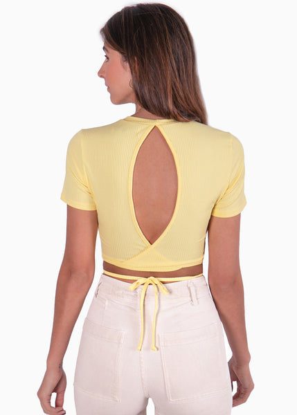 Crop top manga corta con cuello redondo y anudados color amarillo para mujer - Flashy