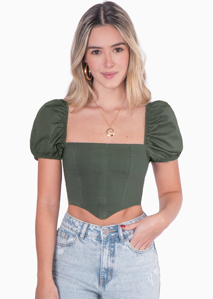 Crop top manga corta con escote cuadrado y mangas englobadas color verde para mujer - Flashy