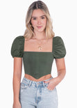 Crop top manga corta con escote cuadrado y mangas englobadas color verde para mujer - Flashy