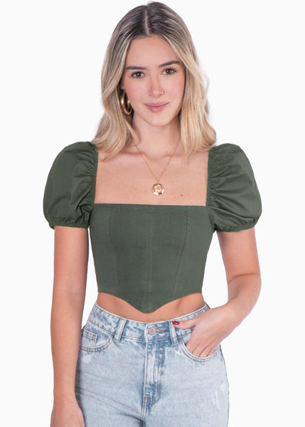 Crop top manga corta con escote cuadrado y mangas englobadas color verde para mujer - Flashy