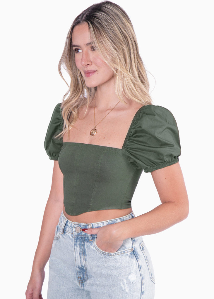 Crop top manga corta con escote cuadrado y mangas englobadas color verde para mujer - Flashy