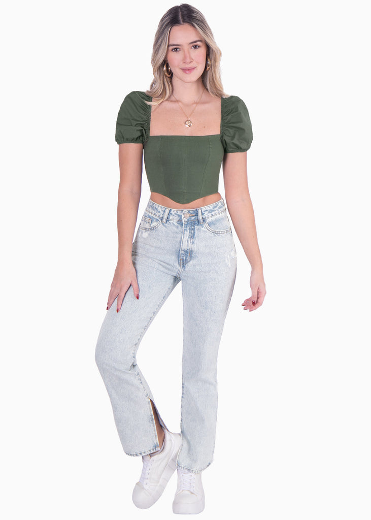 Crop top manga corta con escote cuadrado y mangas englobadas color verde para mujer - Flashy