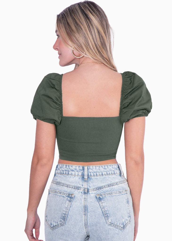 Crop top manga corta con escote cuadrado y mangas englobadas color verde para mujer - Flashy
