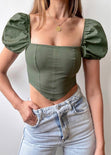 Crop top manga corta con escote cuadrado y mangas englobadas color verde para mujer - Flashy