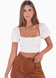 Crop top manga corta con espalda descubierta color blanco, marfil para mujer - Flashy