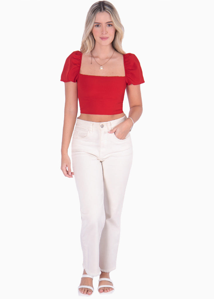 Crop top manga corta con espalda descubierta color rojo para mujer - Flashy