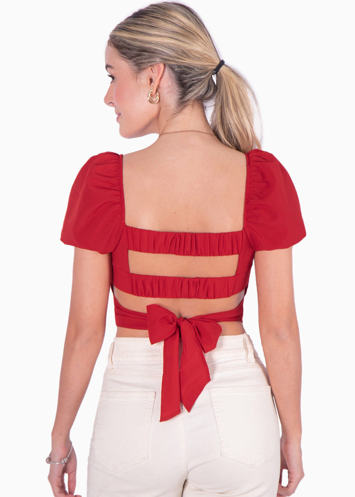 Crop top manga corta con espalda descubierta color rojo para mujer - Flashy
