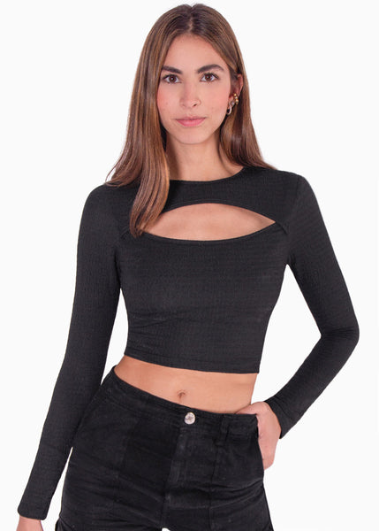 Crop top manga larga con abertura cut out en escote color negro para mujer - Flashy