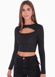 Crop top manga larga con abertura cut out en escote color negro para mujer - Flashy