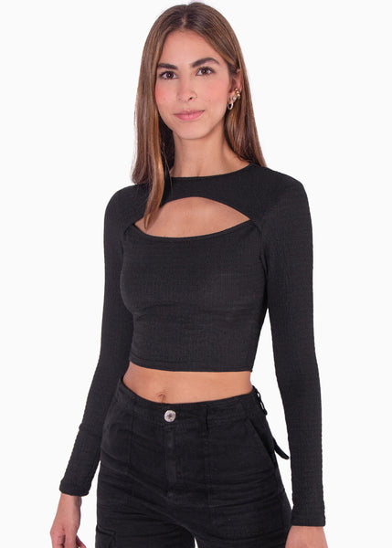 Crop top manga larga con abertura cut out en escote color negro para mujer - Flashy