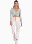 Crop top manga larga con abertura en escote color verde para mujer - Flashy