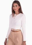Crop top manga larga con anudados color blanco para mujer - Flashy