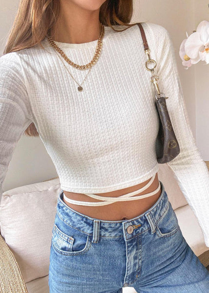 Crop top manga larga con anudados color blanco para mujer - Flashy