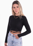 Crop top manga larga con anudados color negro para mujer - Flashy