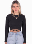 Crop top manga larga con anudados color negro para mujer - Flashy