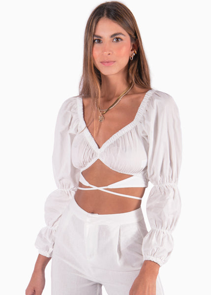Crop top manga larga con cruce en abdomen color blanco, marfil para mujer - Flashy