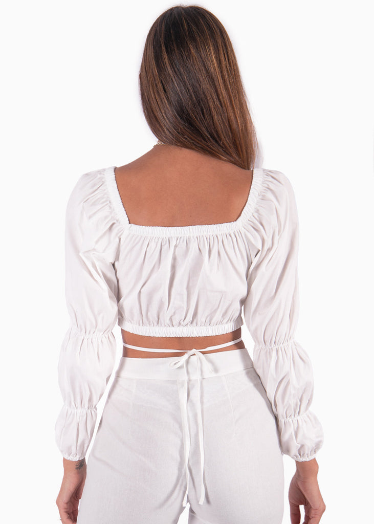 Crop top manga larga con cruce en abdomen color blanco, marfil para mujer - Flashy