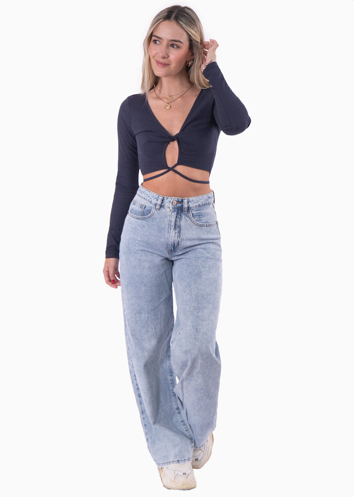 Crop top manga larga con cruce en abdomen color azul para mujer - Flashy