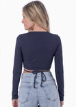 Crop top manga larga con cruce en abdomen color azul para mujer - Flashy
