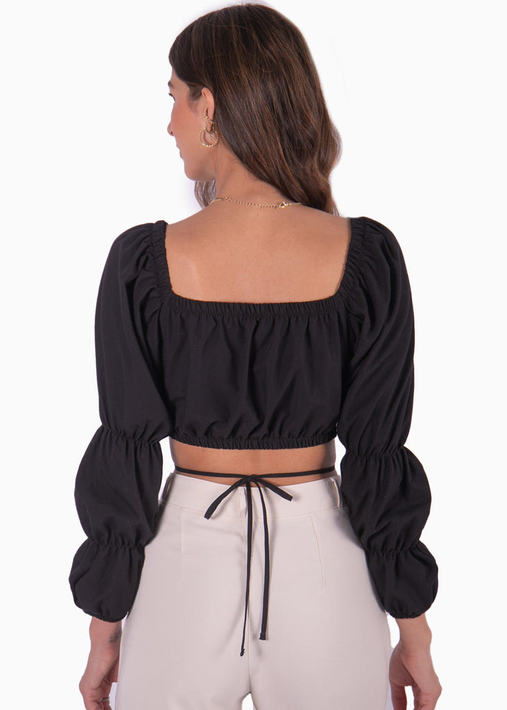Crop top manga larga con cruce en abdomen color negro para mujer - Flashy
