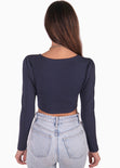 Crop top manga larga con cruce en escote color azul para mujer - Flashy