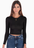 Crop top manga larga con cuello alto y anudados en espalda color negro para mujer - Flashy
