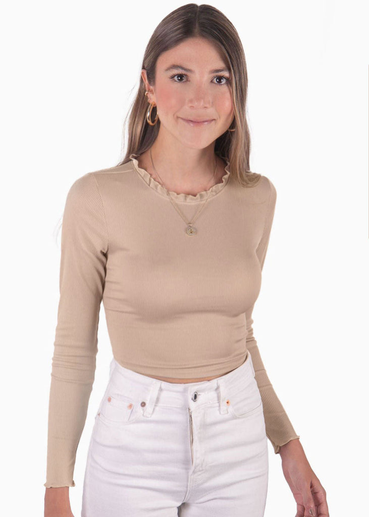 Crop top manga larga con cuello alto y anudados en espalda color beige para mujer - Flashy