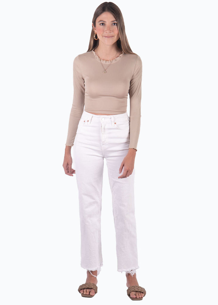 Crop top manga larga con cuello alto y anudados en espalda color beige para mujer - Flashy