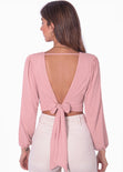 Crop top manga larga con escote cruzado y espalda descubierta color rosado para mujer - Flashy