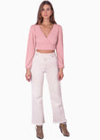 Crop top manga larga con escote cruzado y espalda descubierta color rosado para mujer - Flashy