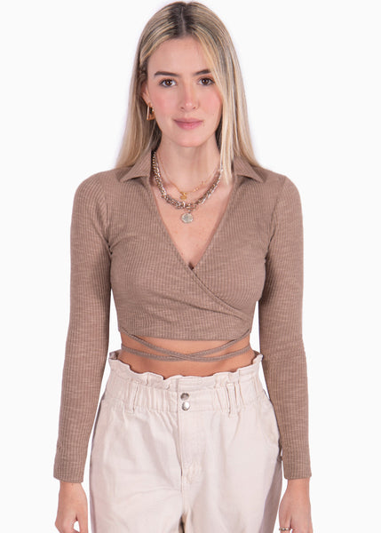 Crop top manga larga con escote en v y anudados color beige para mujer - Flashy